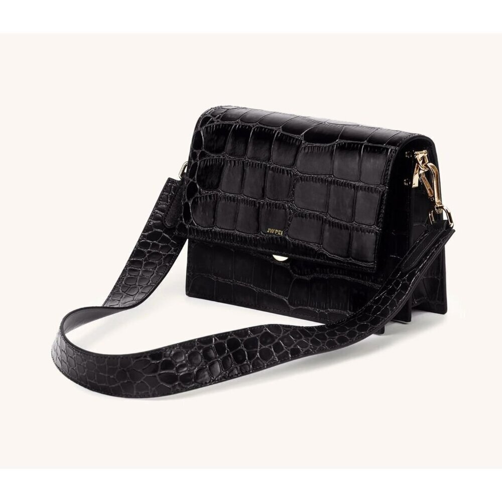 JW PEI Mini Flap Croc Crossbody Black Bag Vegan Leather Purse Womens